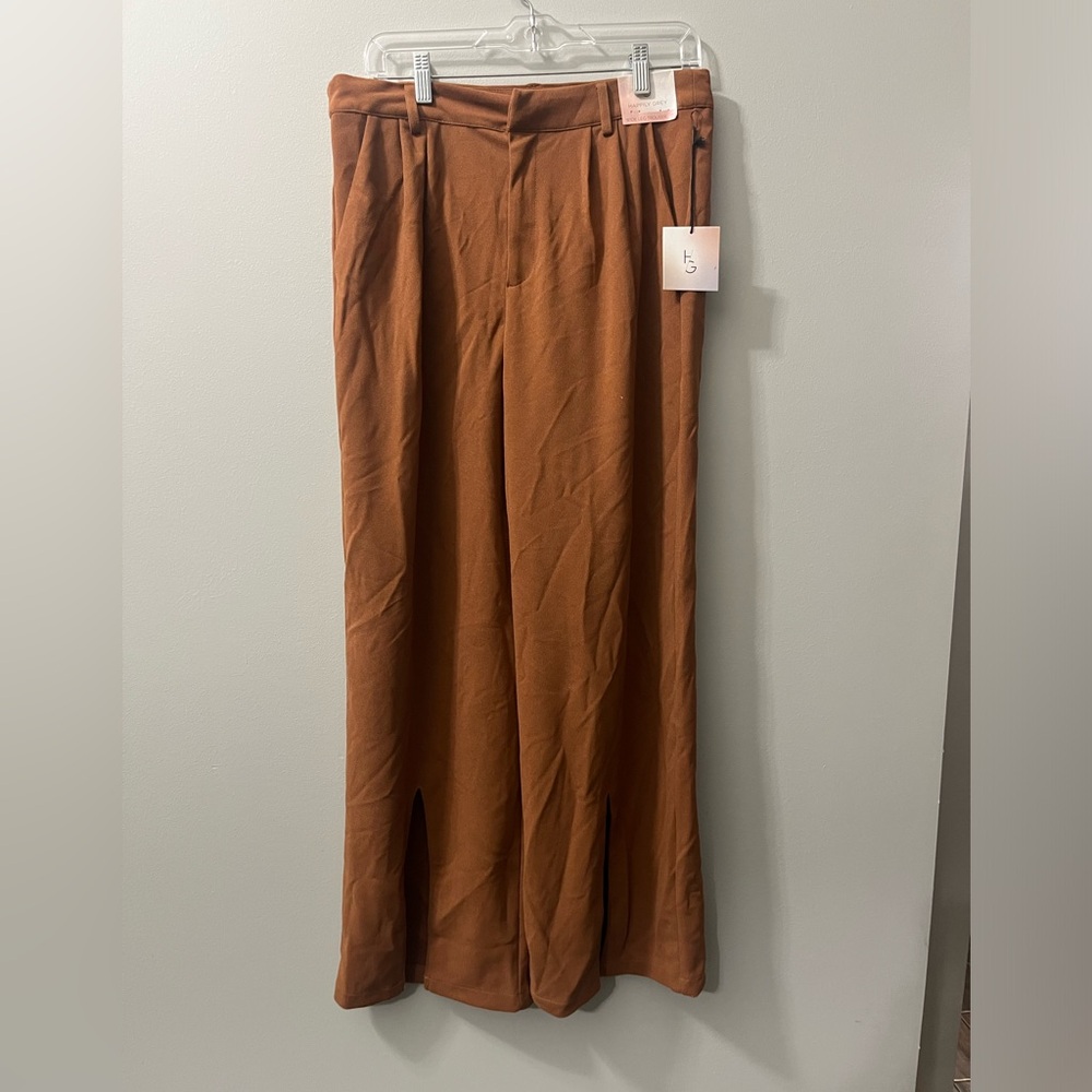 Happily Grey brown wide leg split front hem trouser pants NEW